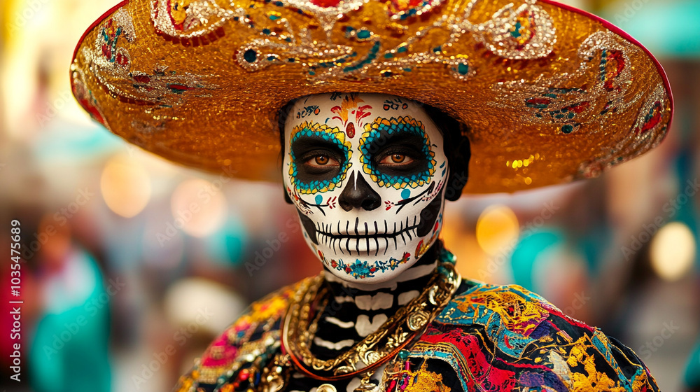 Day of the Dead Celebration with Traditional Skull Makeup and Sombrero Day of the Dead Celebration with Traditional Skull Makeup and Sombrero