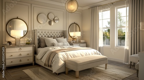 An elegant coastal Scandinavian bedroom featuring a double bed with an upholstered headboard bedside tables