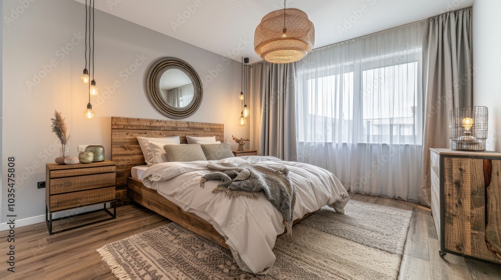 An elegant rustic Scandinavian bedroom featuring a double bed with a wooden headboard bedside tables