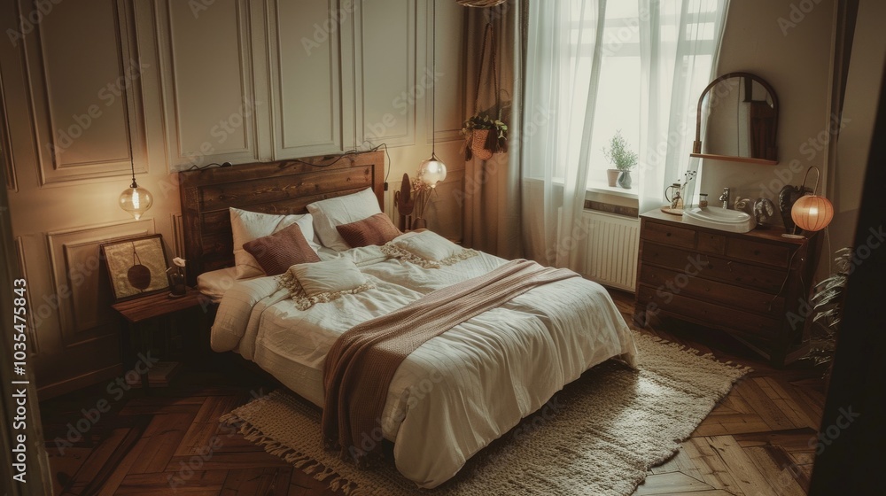 An elegant rustic Scandinavian bedroom featuring a double bed with a wooden headboard bedside tables
