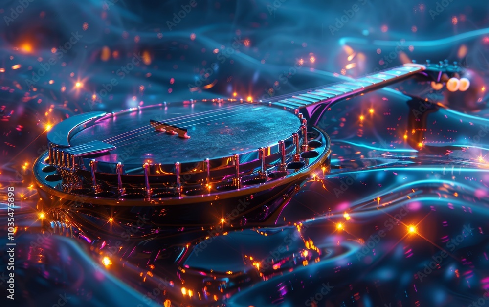 A vibrant, surreal image of a banjo floating in colorful, luminous water, surrounded by swirling lights and a dreamy atmosphere. A vibrant, surreal image of a banjo floating in colorful, luminous water, surrounded by swirling lights and a dreamy atmosphere.