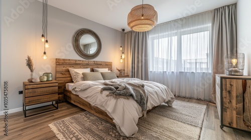 Obraz na płótnie An elegant rustic Scandinavian bedroom featuring a double bed with a wooden headboard bedside tables w salonie