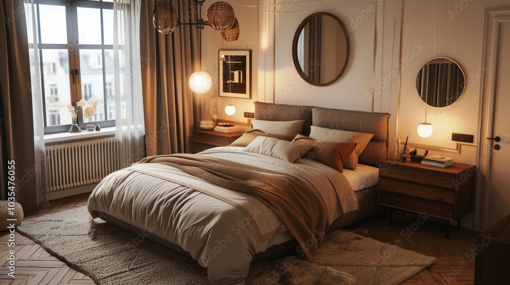 An elegant Scandinavian bedroom featuring a double bed with an upholstered headboard bedside tables