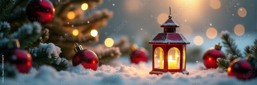 Red baubles and pinecones on a snow-covered branch with glowing lanterns in the background Red baubles and pinecones on a snow-covered branch with glowing lanterns in the background