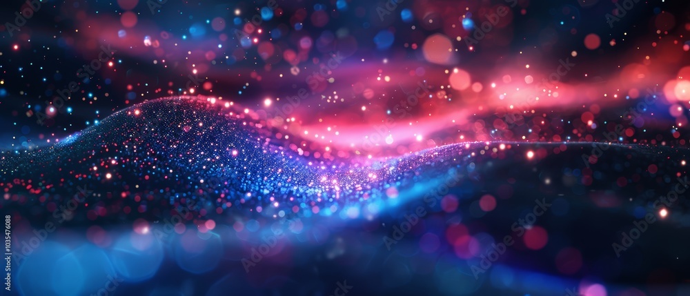 Obraz premium A vibrant, abstract portrayal of swirling colors and lights, resembling a cosmic landscape filled with shimmering particles and waves.