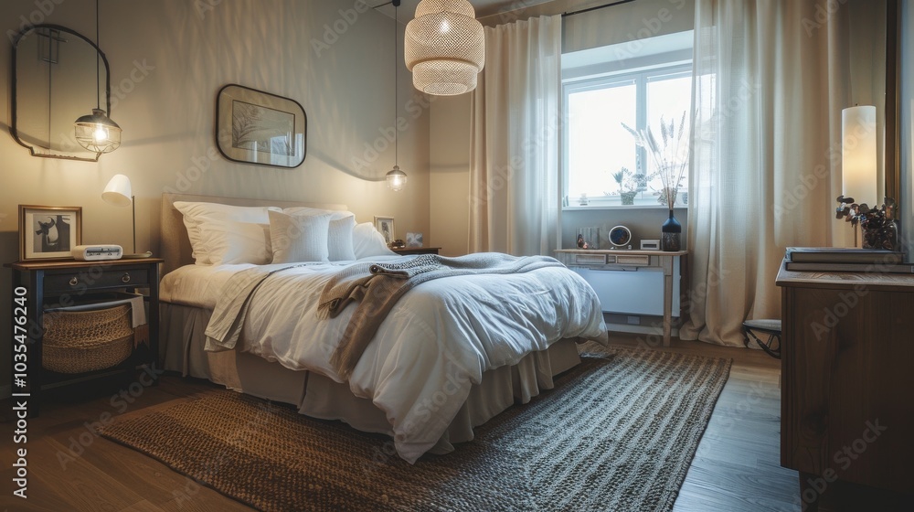 An elegant Scandinavian bedroom featuring a double bed with an upholstered headboard bedside tables