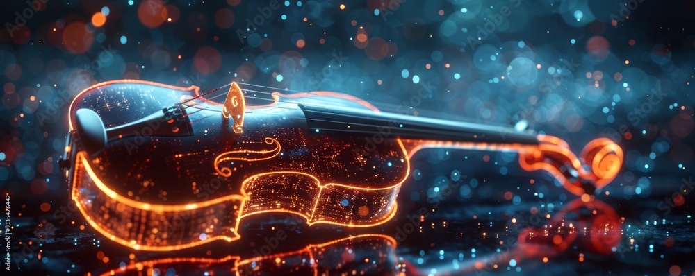A vivid glowing violin rests on a reflective surface, surrounded by a dreamy, ethereal atmosphere filled with soft lights and particles. A vivid glowing violin rests on a reflective surface, surrounded by a dreamy, ethereal atmosphere filled with soft lights and particles.