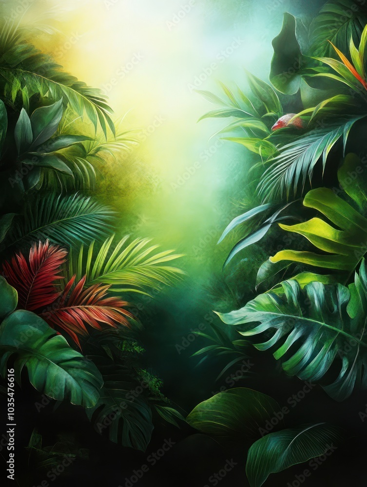Lush green jungle foliage illuminated by soft light, creating a vibrant and serene atmosphere with hints of red amidst the verdant leaves. Lush green jungle foliage illuminated by soft light, creating a vibrant and serene atmosphere with hints of red amidst the verdant leaves.
