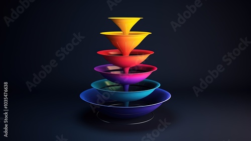 Colorful 3D funnel model flow 5 step, levitating on dark blue background, Generative Ai 