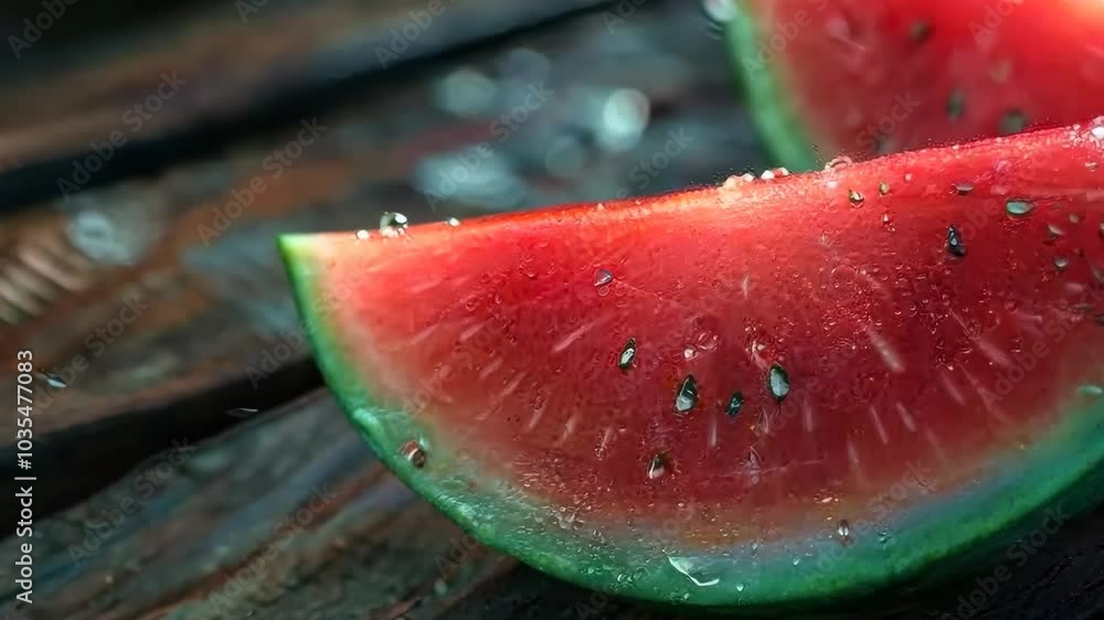 Watermelon slices on a rustic wooden table, Video Watermelon slices on a rustic wooden table, Video