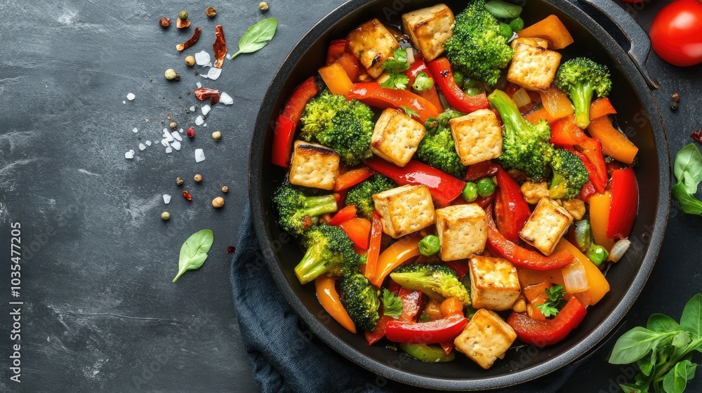 A healthy veggie stir-fry with bell peppers, broccoli, and tofu, providing a quick and easy meal that's full of vitamins and nutrients A healthy veggie stir-fry with bell peppers, broccoli, and tofu, providing a quick and easy meal that's full of vitamins and nutrients