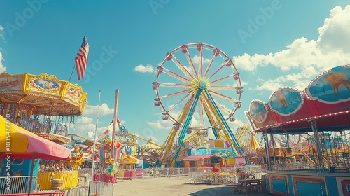 A vibrant sunset illuminates the Ferris wheel at the amusement park with colorful lights and festive atmosphere during an evening fair