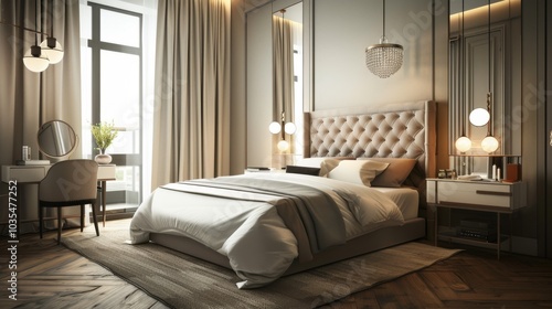 An elegant urban Scandinavian bedroom with a double bed an upholstered headboard