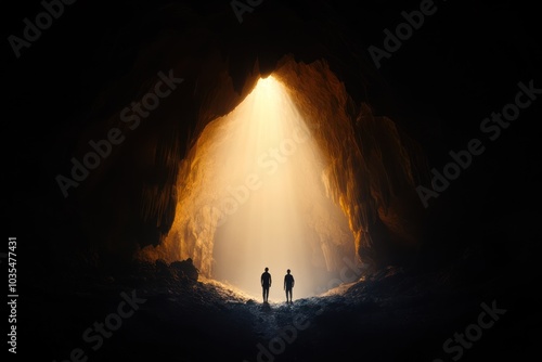 A dramatic cave scene featuring two silhouettes illuminated by a ray of light, evoking a sense of adventure and discovery.
