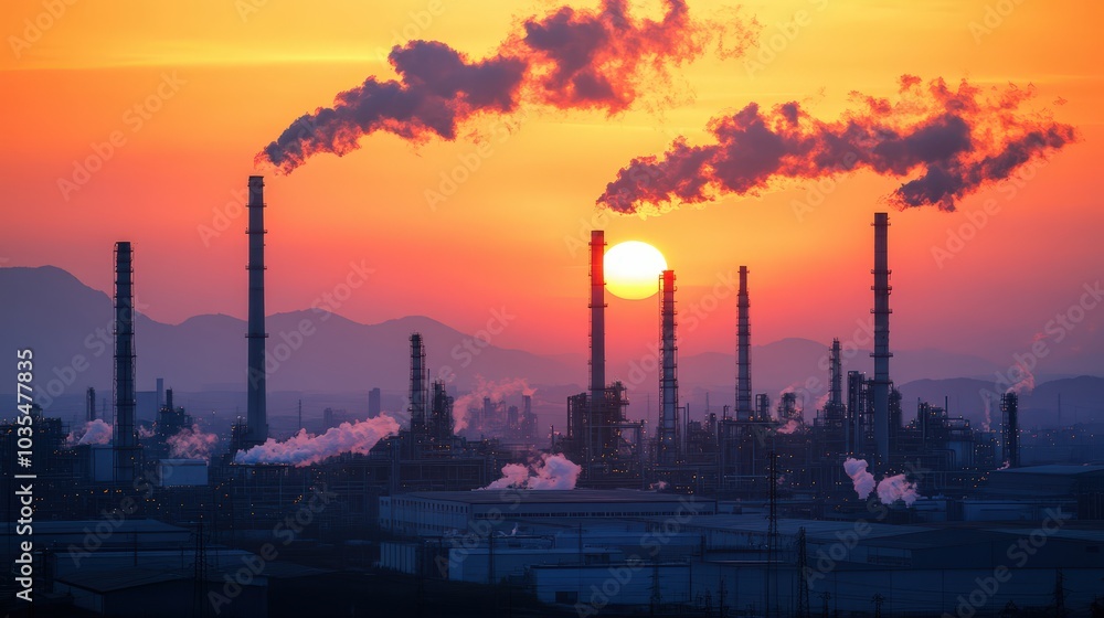 Sunset Over Industrial Landscape with Smokestacks Emitting Smoke Against Colorful Sky Sunset Over Industrial Landscape with Smokestacks Emitting Smoke Against Colorful Sky
