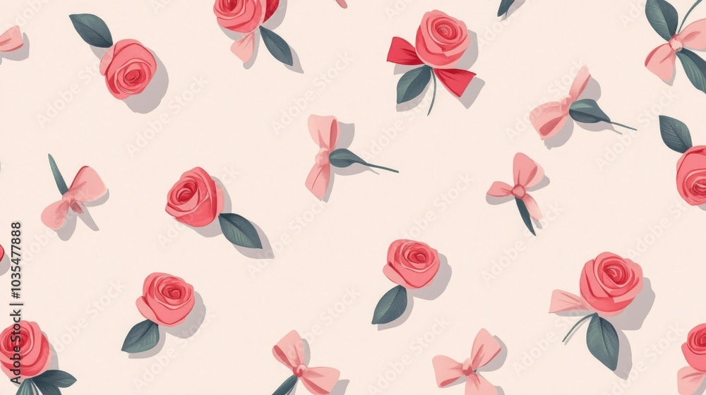 Seamless pattern of pink roses and bows on soft background highlighting girlhood design concept Seamless pattern of pink roses and bows on soft background highlighting girlhood design concept