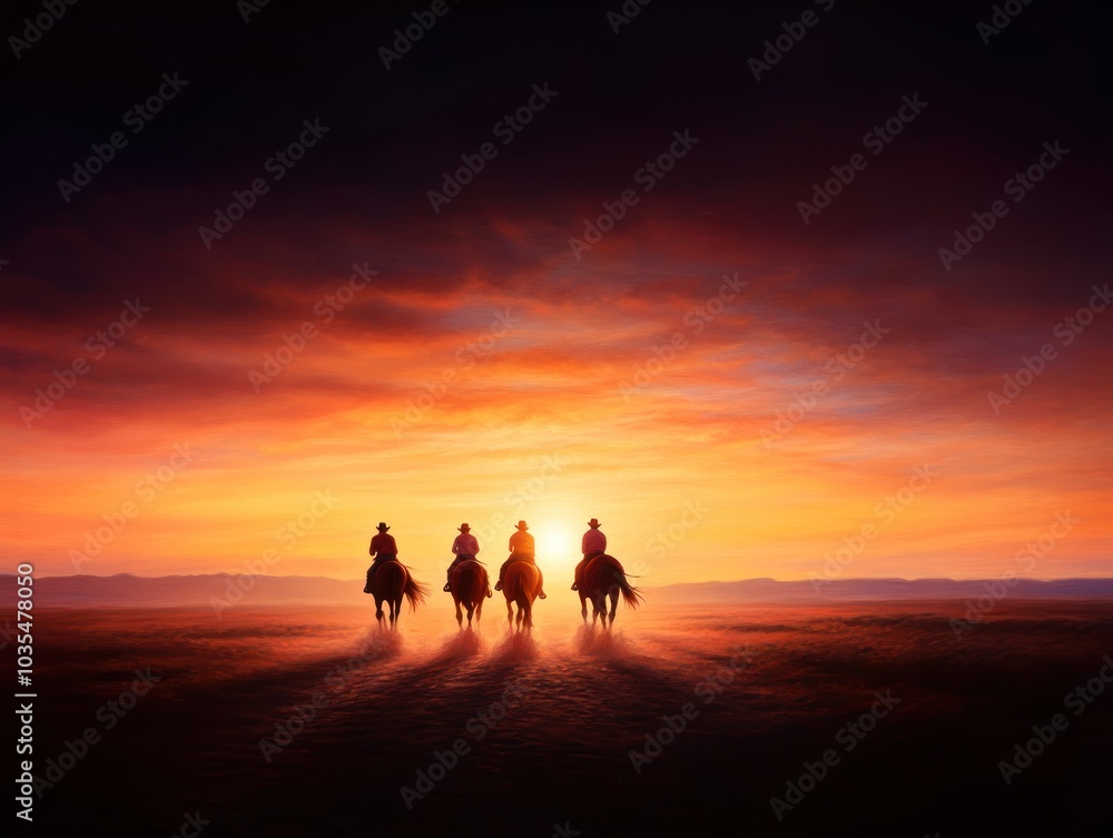 Four silhouetted riders on horseback stand against a vibrant sunset, creating a dramatic and serene landscape scene.