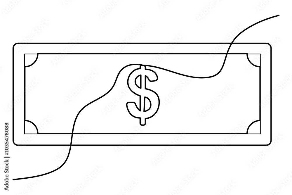 Continuous one line drawing of Dollar symbol isolated on white background outline vector illustration