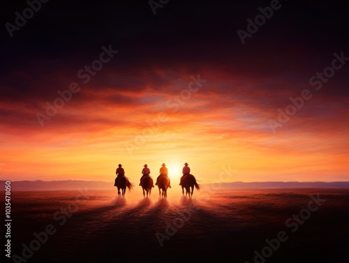Obraz na płótnie Four silhouetted riders on horseback stand against a vibrant sunset, creating a dramatic and serene landscape scene. w salonie