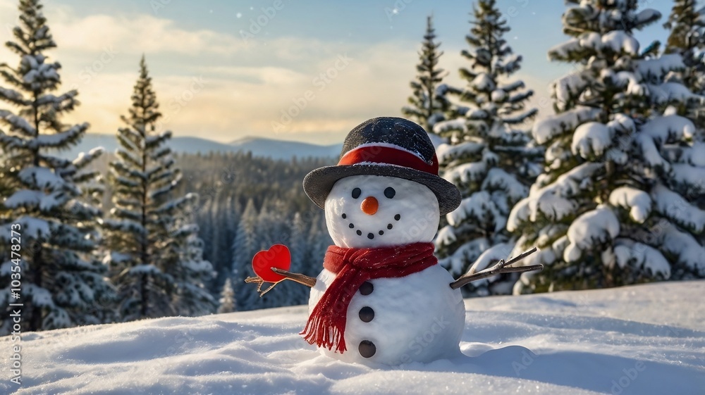 Fototapeta premium Snowman in Scenic Winter Landscape Holding a Heart - Perfect Holiday 