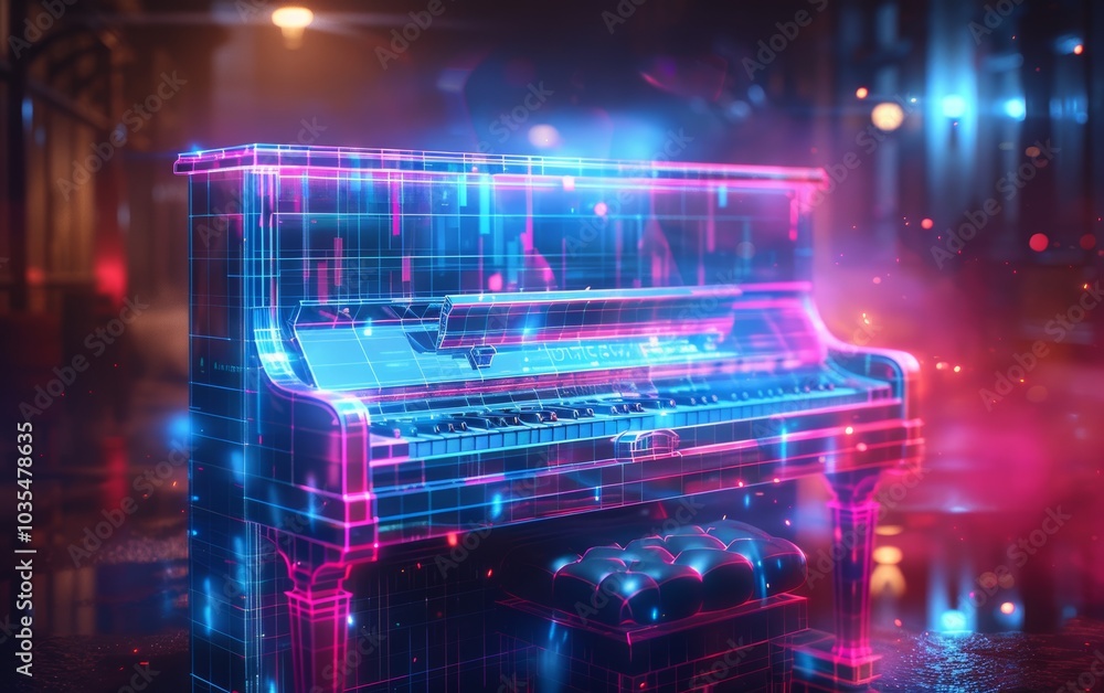 A glowing, neon-lit piano stands in a misty urban setting, surrounded by vibrant lights and reflections, creating an immersive digital atmosphere. A glowing, neon-lit piano stands in a misty urban setting, surrounded by vibrant lights and reflections, creating an immersive digital atmosphere.
