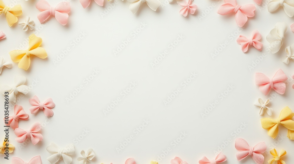 Delicate pastel bows frame on white background - whimsical girlhood design concept Delicate pastel bows frame on white background - whimsical girlhood design concept