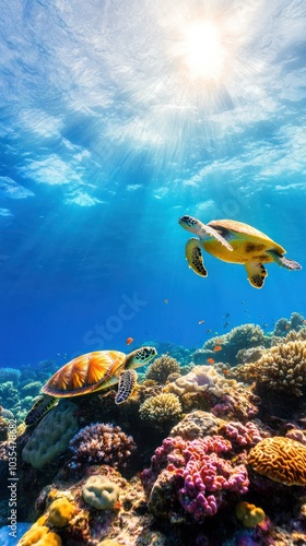 A breathtaking underwater scene featuring two sea turtles swimming over vibrant coral reefs beneath a sunlit ocean surface.