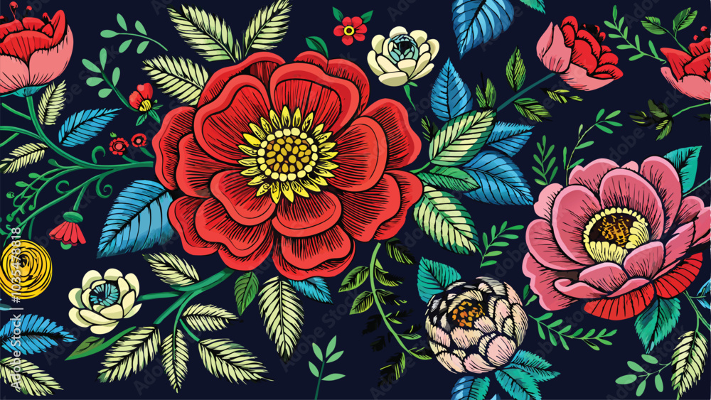 Embroidery seamless pattern with beautiful flowers.Handmade floral ornament on dark background.