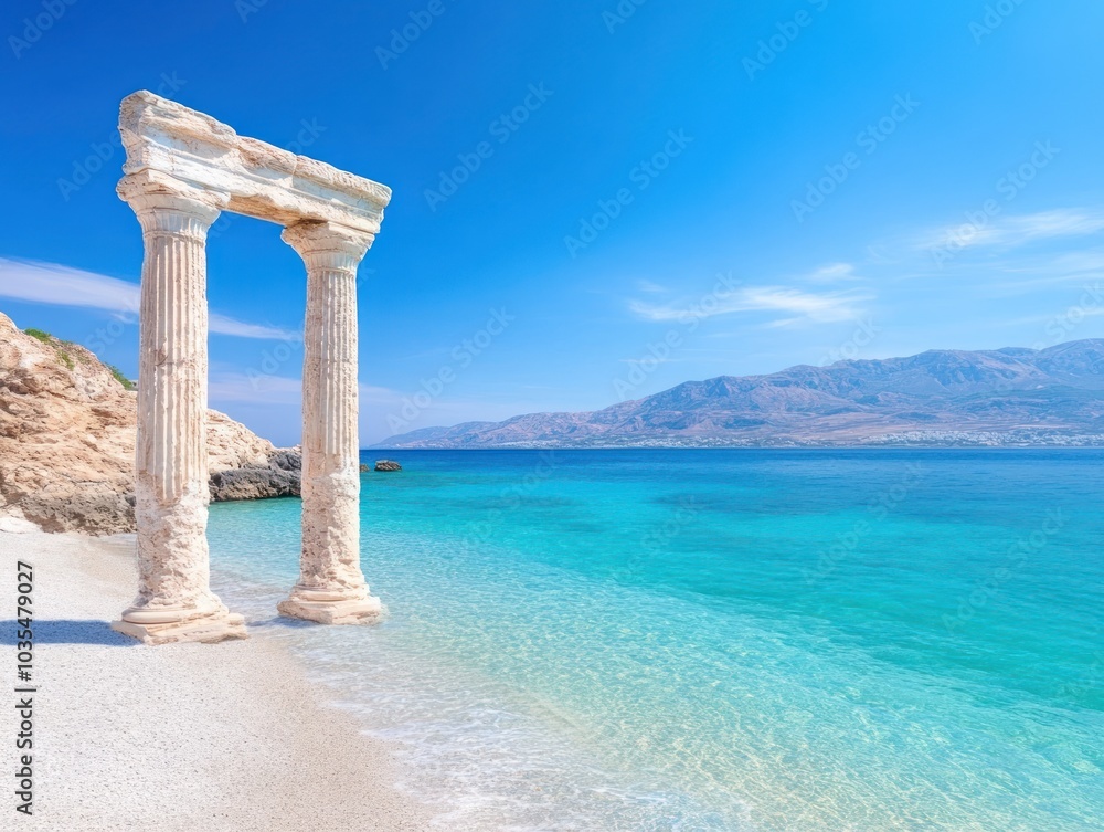 A picturesque scene featuring ancient ruins beside a clear turquoise sea, framed by a blue sky and sandy beach. A picturesque scene featuring ancient ruins beside a clear turquoise sea, framed by a blue sky and sandy beach.