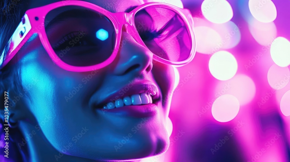 Happy People in Neon Pink Glasses Smiling Close Up Happy People in Neon Pink Glasses Smiling Close Up