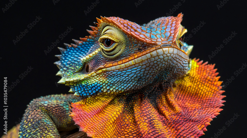 Fototapeta premium A colorful frilled lizard displaying its frills