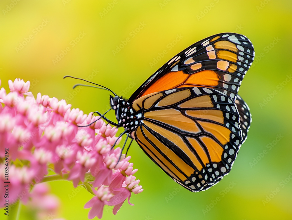 Fototapeta premium Macro shot of a butterfly perched on a milkweed flower. 