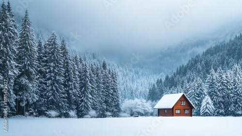 A cozy wooden cabin surrounded by snow-covered trees in a winter landscape at dawn