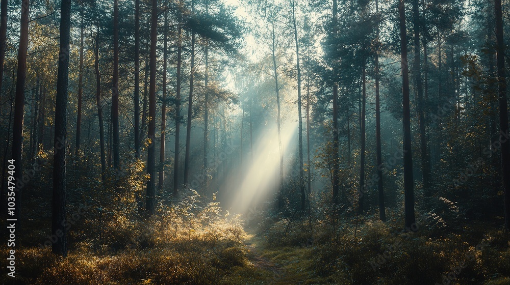 Fototapeta premium Sunlight filtering through trees in a serene forest during early morning hours, creating a tranquil atmosphere with soft rays of light