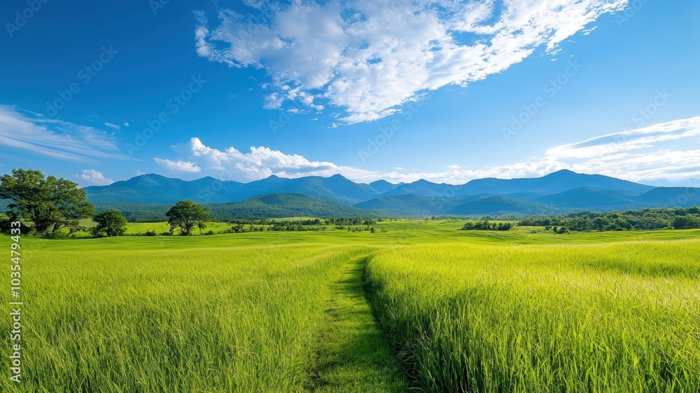 Serene Landscape with Lush Green Fields and Blue Sky Serene Landscape with Lush Green Fields and Blue Sky