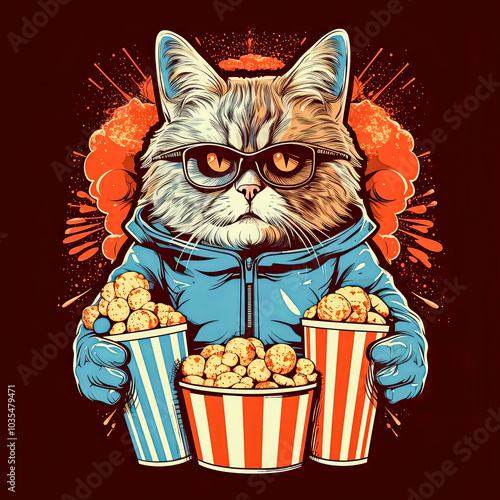 Cartoon cat is sitting in a red and white striped popcorn bucket. photo