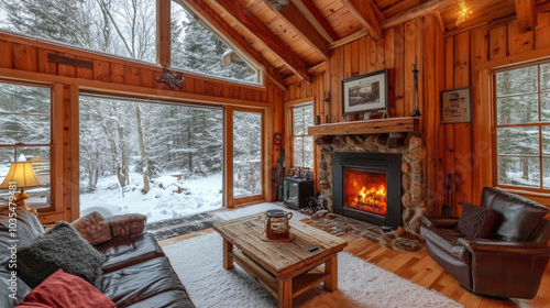 Cozy cabin with a fireplace in the snowy woods of Vermont