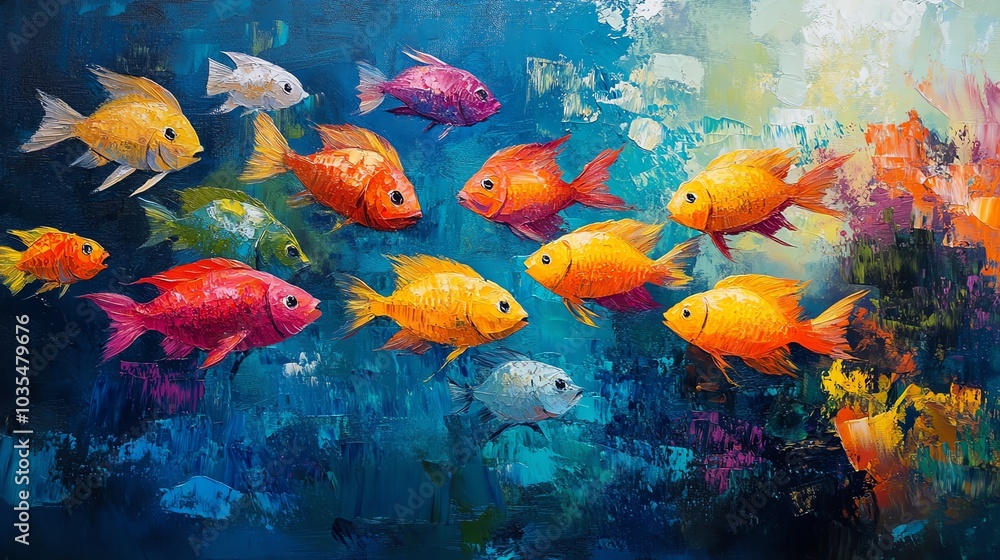 Naklejka premium Colorful fish swimming in dynamic underwater scene, vibrant and artistic.