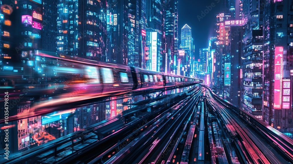A futuristic train travels through a neon-lit city at night, showcasing modern architecture and vibrant nightlife A futuristic train travels through a neon-lit city at night, showcasing modern architecture and vibrant nightlife