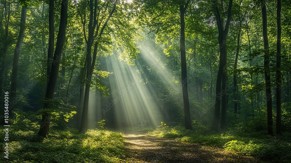 Fototapeta premium Sunlight filtering through trees in a dense forest during early morning hours creates a serene atmosphere in nature