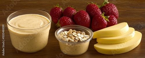 Delicious Smoothie Bowl with Fresh Strawberries Creamy Nut Butter and Crunchy Oats for a Healthy Snack photo