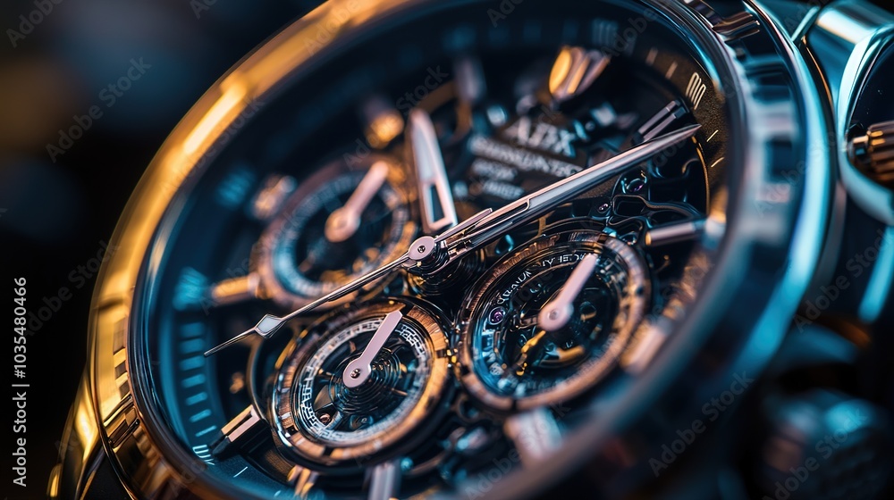 A close-up view of an intricate gold watch featuring a detailed black dial and artistic mechanisms, showcasing craftsmanship and elegance