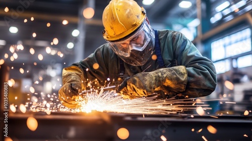 Close-Up of a Factory Worker Crafting Metal with Sparks Flying in an Industrial Setting