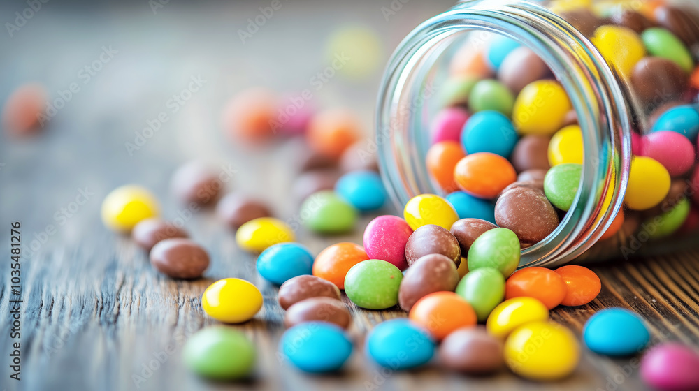 Colorful candy spill on rustic wooden table Colorful candy spill on rustic wooden table