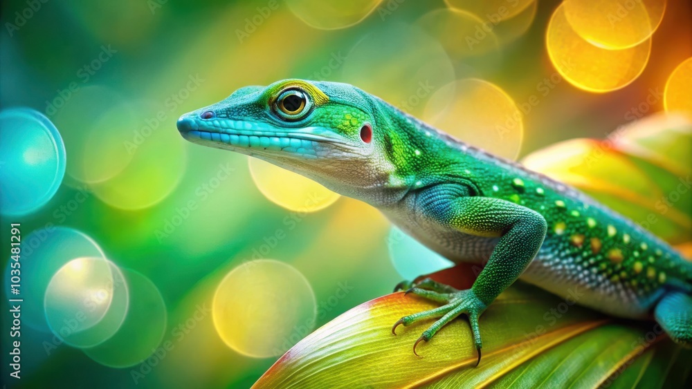 A vibrant green lizard with blue accents perches on a lush green leaf, the bokeh of light creating a dreamlike atmosphere. A vibrant green lizard with blue accents perches on a lush green leaf, the bokeh of light creating a dreamlike atmosphere.