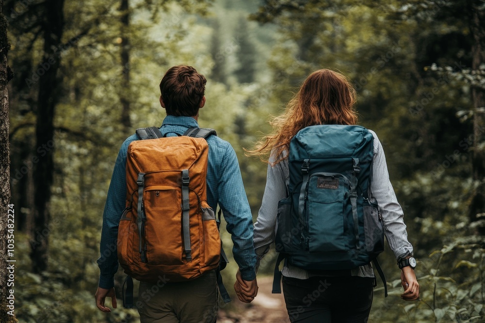 Hiking couple walking in forest wearing backpacks, Generative AI Hiking couple walking in forest wearing backpacks, Generative AI