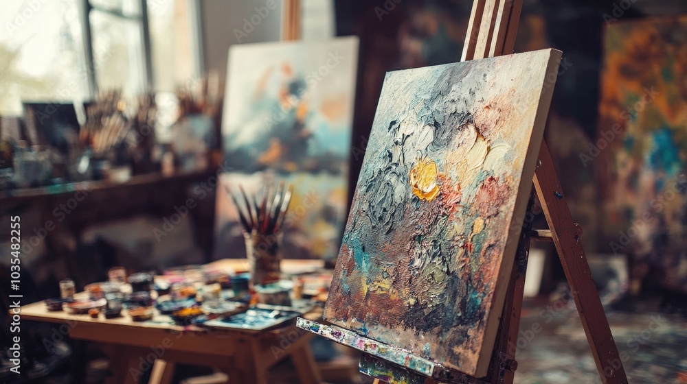 Creative Art Studio with Textured Oil Painting on Easel and Artistic Tools Creative Art Studio with Textured Oil Painting on Easel and Artistic Tools