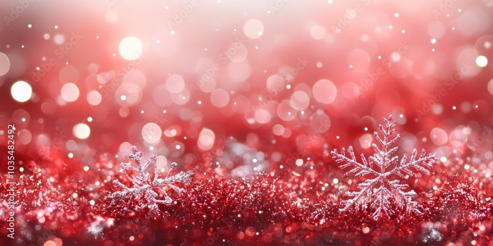 Sparkling snowflakes on red glitter with bokeh lights
