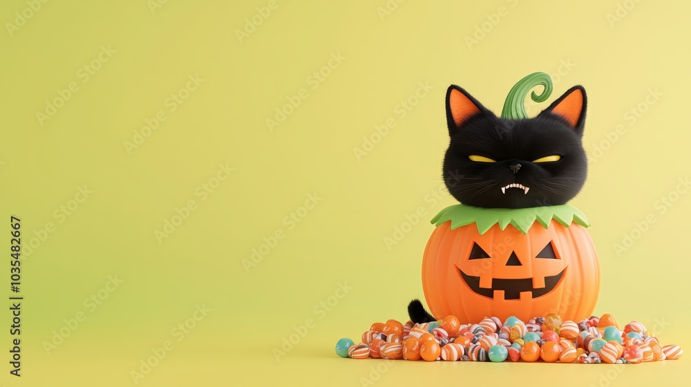 Grumpy black cat in a pumpkin costume, sitting on a pile of candy, exaggerated cartoonish style, vibrant orange and green colors, funny expression Grumpy black cat in a pumpkin costume, sitting on a pile of candy, exaggerated cartoonish style, vibrant orange and green colors, funny expression