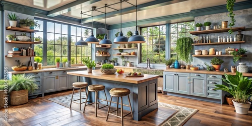 A well-lit kitchen with a rustic farmhouse aesthetic featuring a large island with three stools, wooden shelves, and blue cabinets, all adorned with an abundance of greenery.